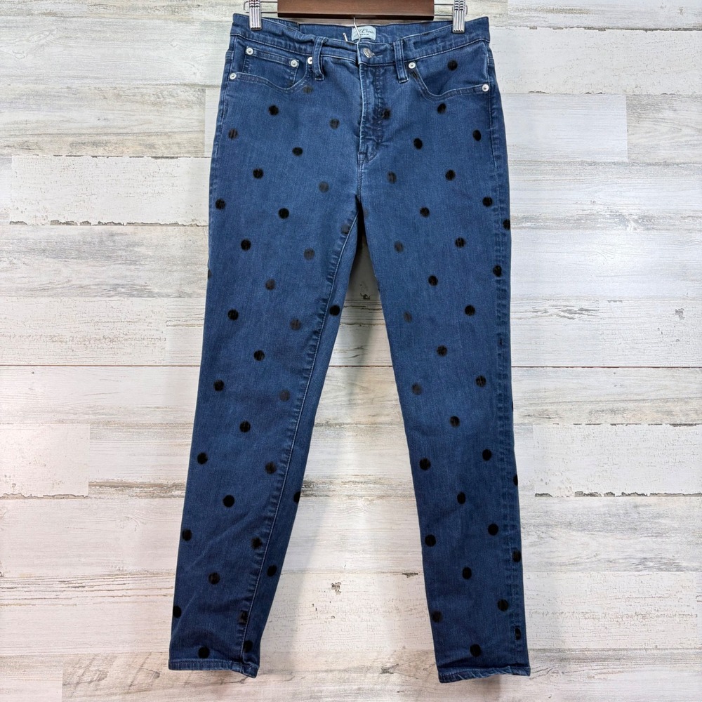 J.Crew 9" High-Rise Toothpick Jeans Blue Black Velvet‎ Flocked Polka Dot Size 30